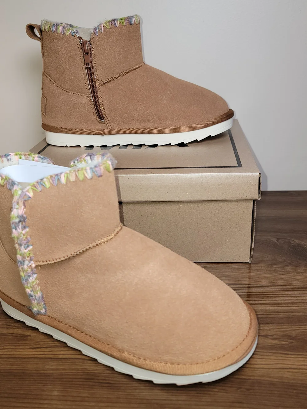 MIA Kids Tan Suede Cozy Ankle Boots - Size 5 Big Kid
